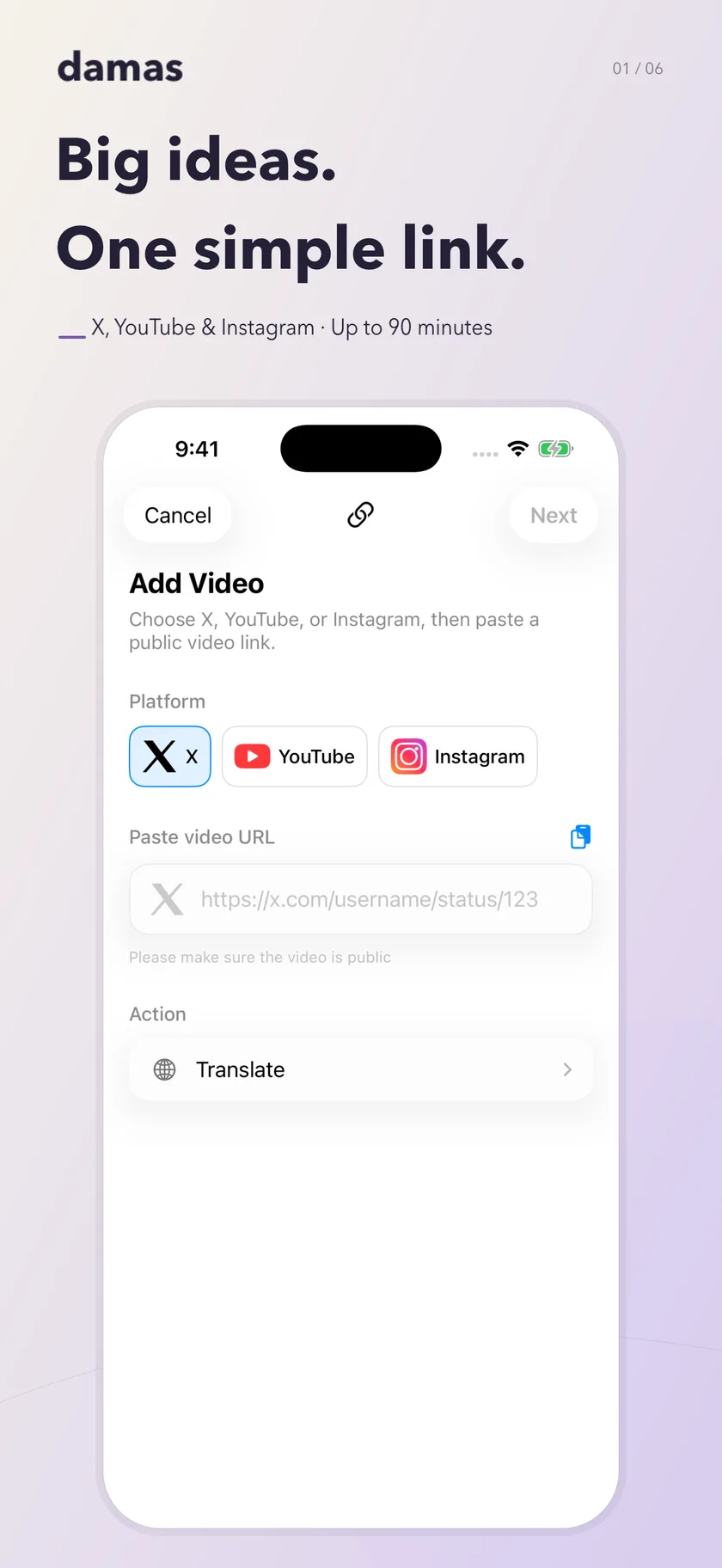 Commencer par un lien vidéo public compatible · Interface en anglais